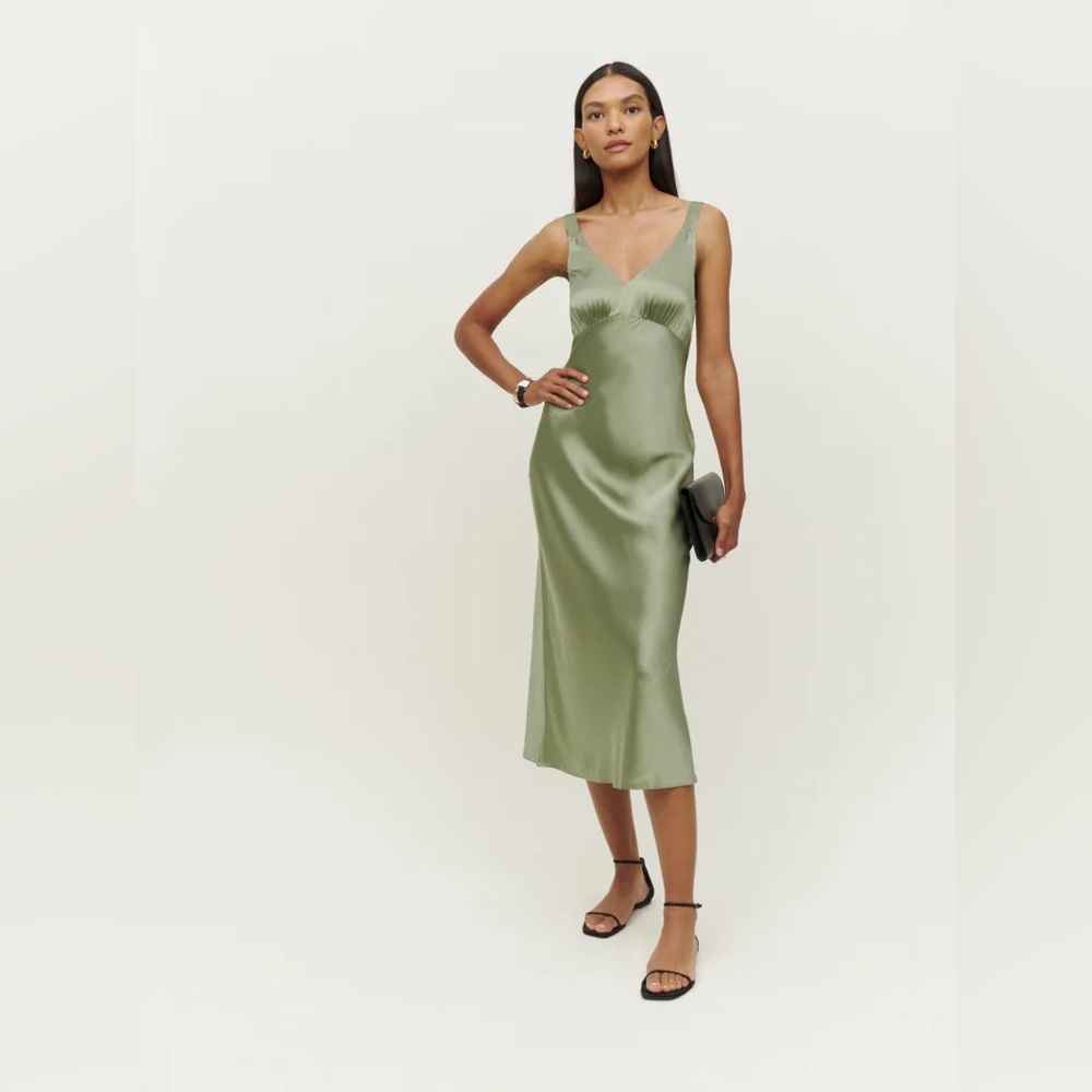 Reformation Daytona Silk Dress In Artichoke, NWOT, NEVER WORN, NO FLAWS.